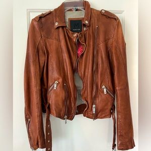 NWOT Mauritius cognac brown leather biker jacket w silver hardware small